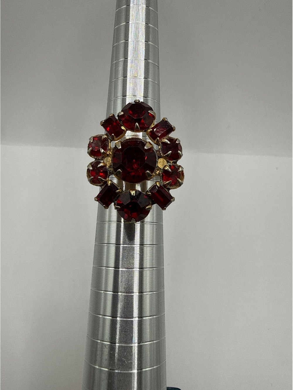 Vintage Ruby Red Rhinestone Adjustable Gold Tone Cocktail Ring Mid Century